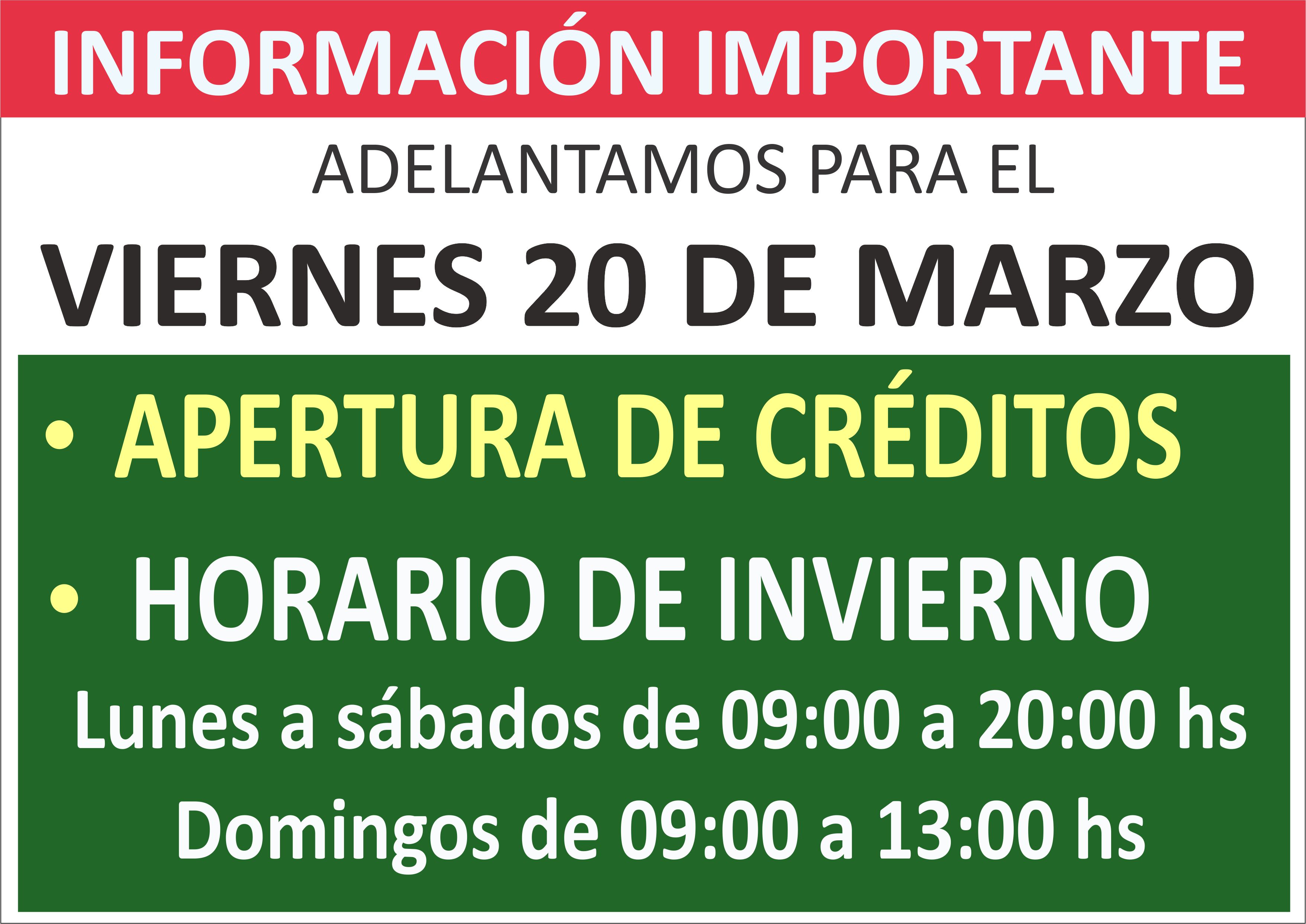 CAMBIO DE HORARIO y DE APERTURA